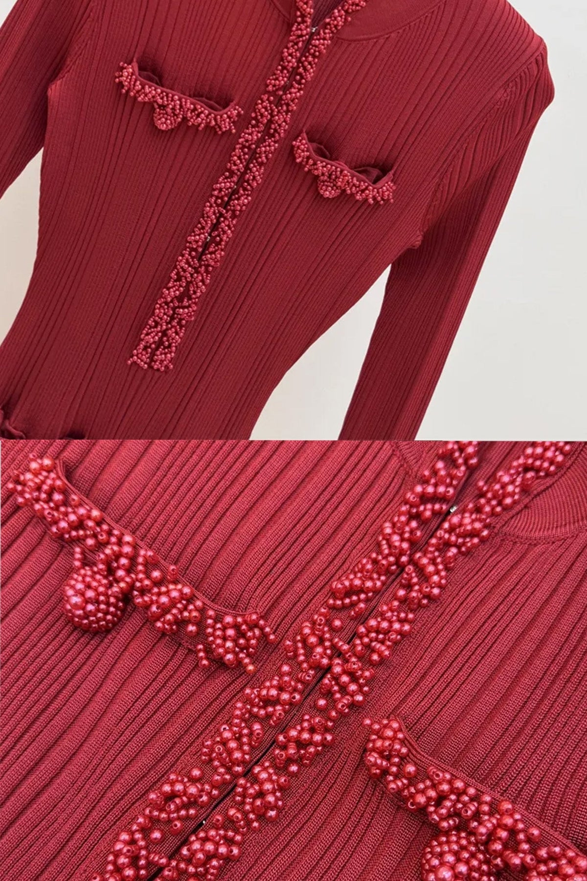 Ribbed Knit Stand Collar Midi Dress with Braided Trim – Burgundy – view 3