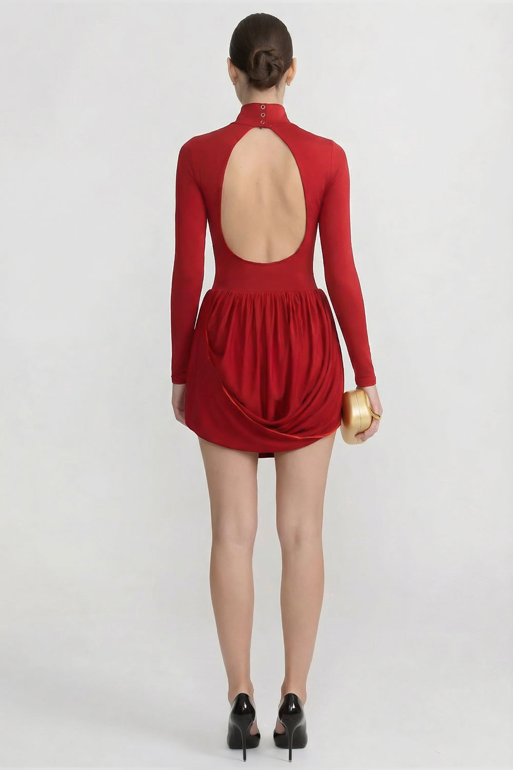 Mock Neck Long Sleeve Mini Dress with Draped Bubble Skirt – Red