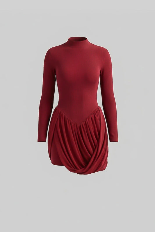 Mock Neck Long Sleeve Mini Dress with Draped Bubble Skirt – Red