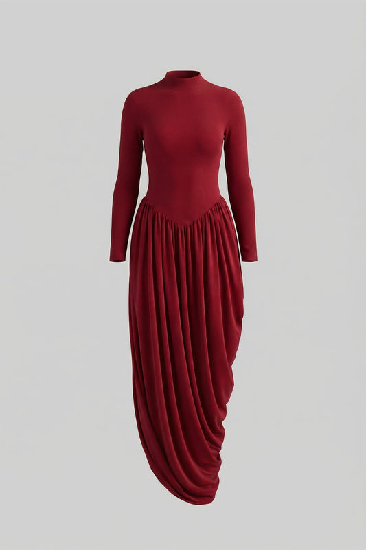Mock Neck Long Sleeve Maxi Dress with Draped Asymmetric Skirt – Red