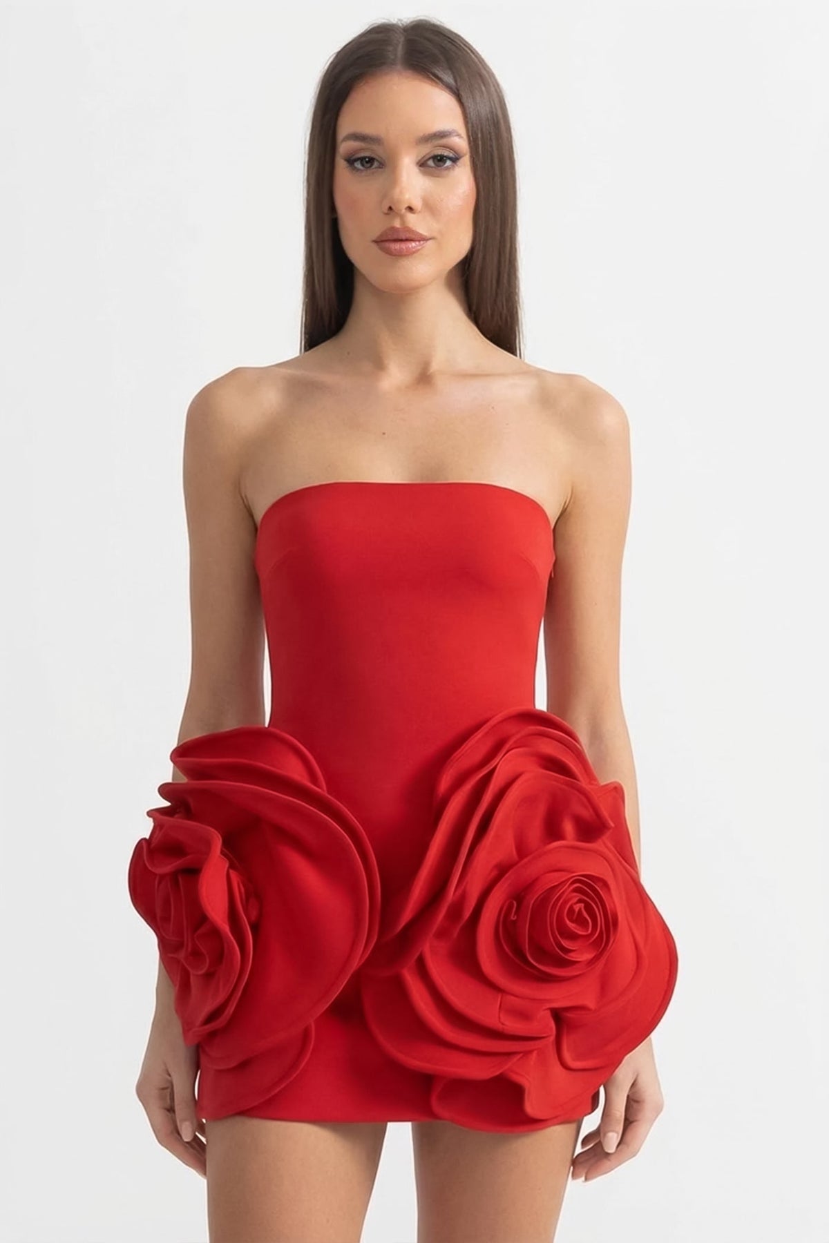 Strapless Sculptural Mini Dress with 3D Rose Appliqués – Red – view 1