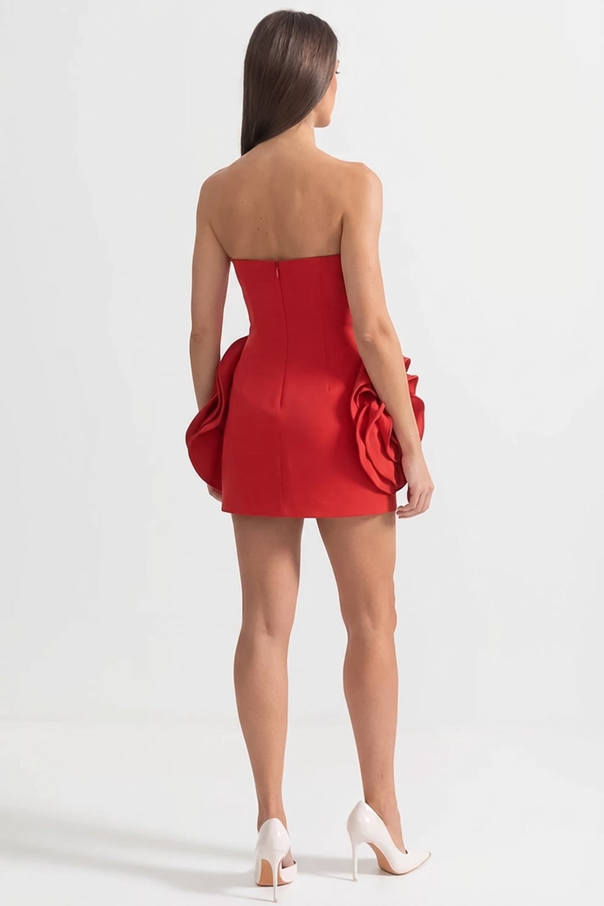 Strapless Sculptural Mini Dress with 3D Rose Appliqués – Red – view 5
