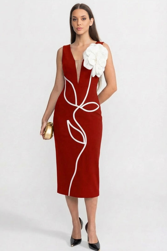Structured V-Neck Midi Dress with Floral Shoulder Appliqué – Red