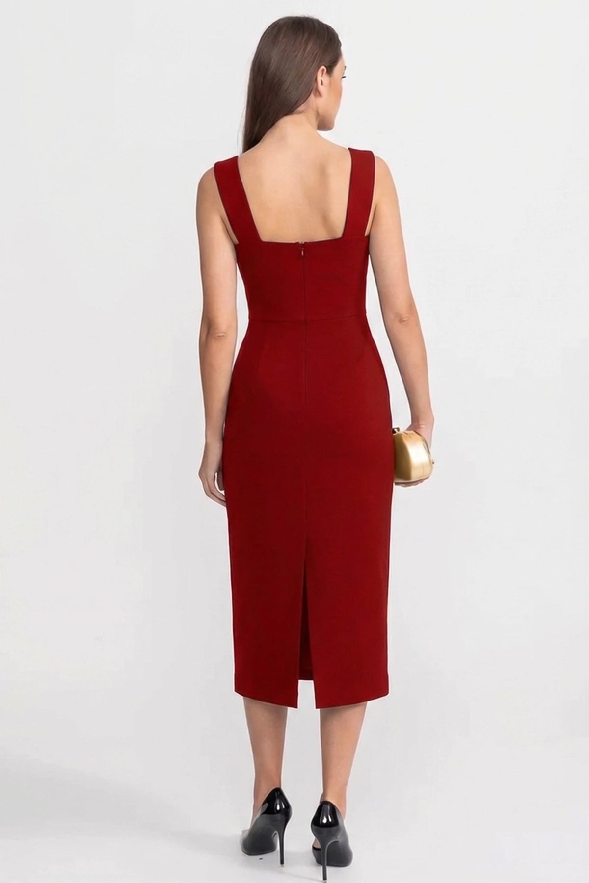 Structured V-Neck Midi Dress with Floral Shoulder Appliqué – Red – view 4