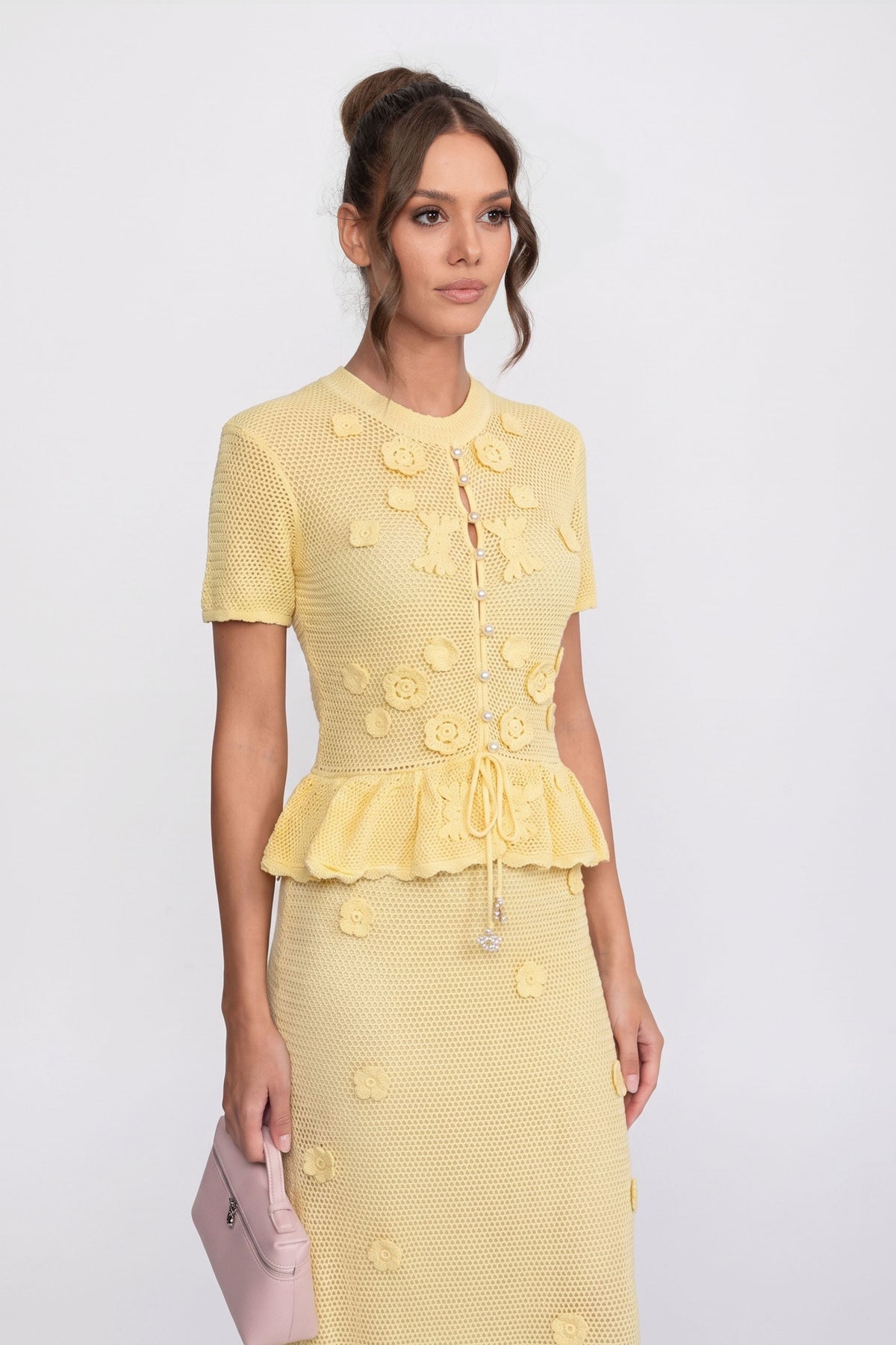 Floral Crochet Peplum Maxi Dress with Drawstring Waist – Yellow