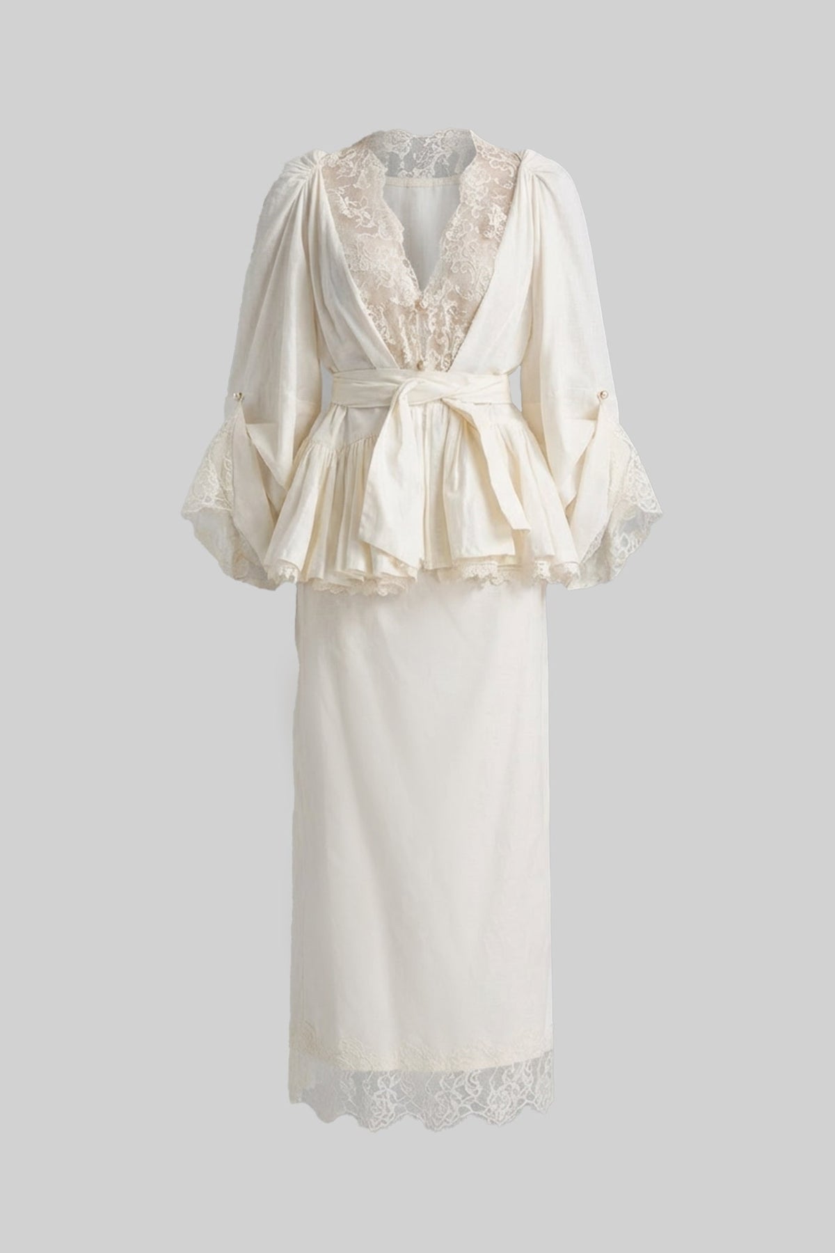 Belted Peplum Blouse and Midi Skirt Co-ord Set with Lace Inserts – Ivory – view 2