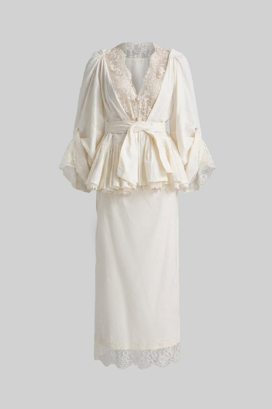 Belted Peplum Blouse and Midi Skirt Co-ord Set with Lace Inserts – Ivory