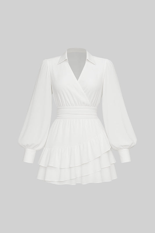 Sheer Puff Sleeve Deep V Dress with Cinched Waist and Back Cutout – White