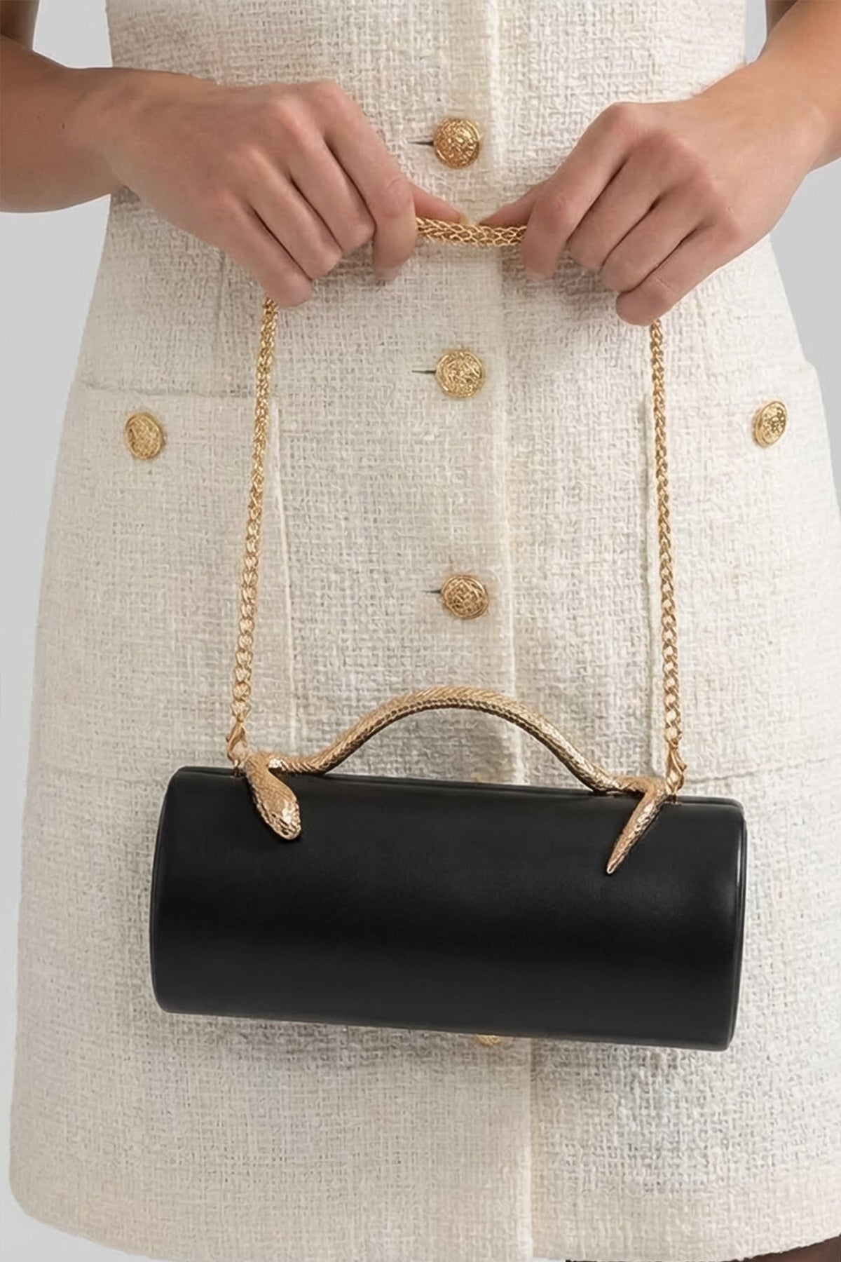 Structured Faux Leather Clutch with Snake Handle and Gold Chain – Black