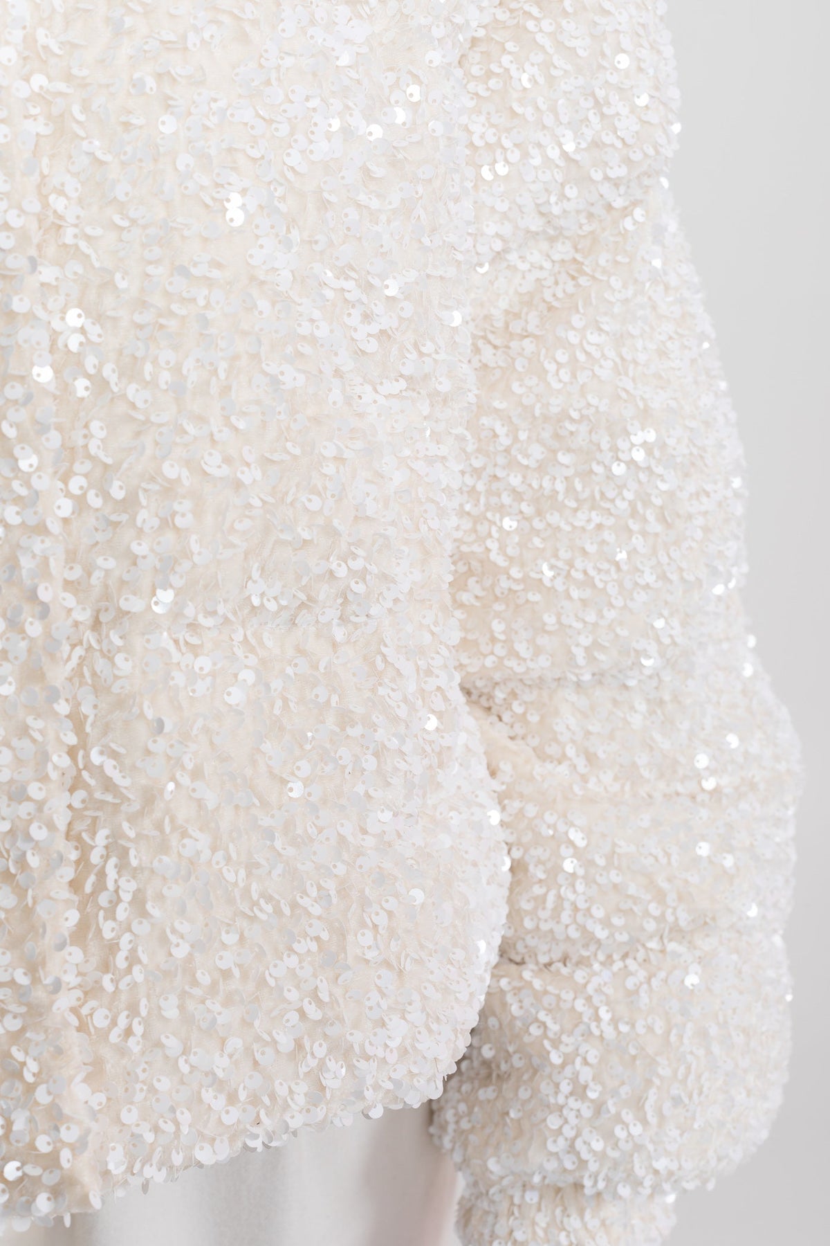 Cropped Sequin Puffer Jacket with High Stand Collar – White – view 8