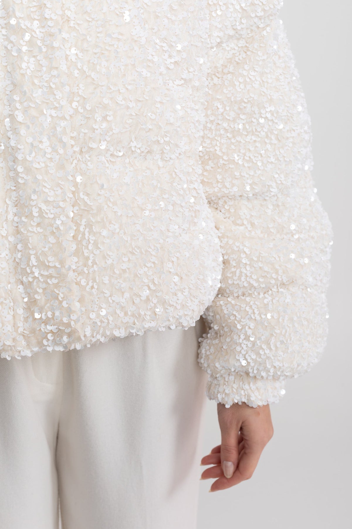 Cropped Sequin Puffer Jacket with High Stand Collar – White – view 9