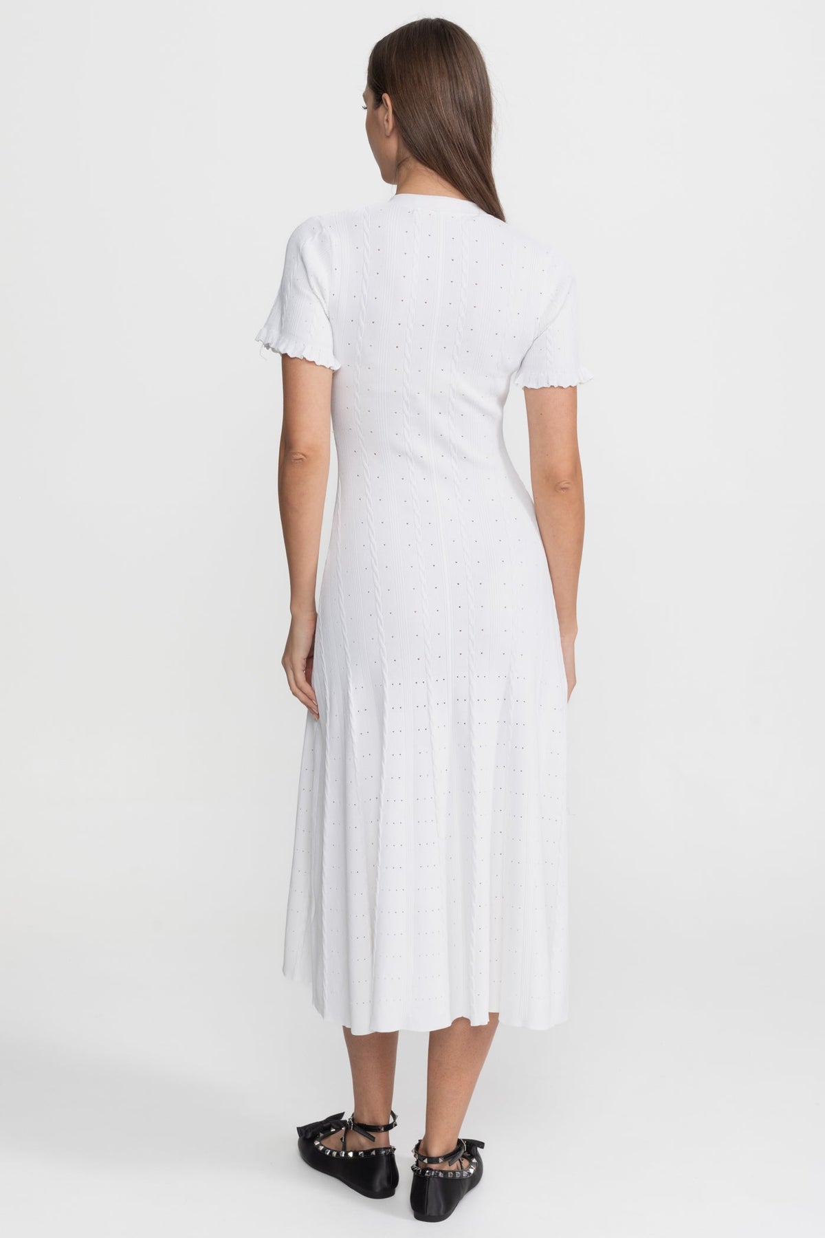 Knit Button-Front Midi Dress with Short Scalloped Sleeves – White – view 8