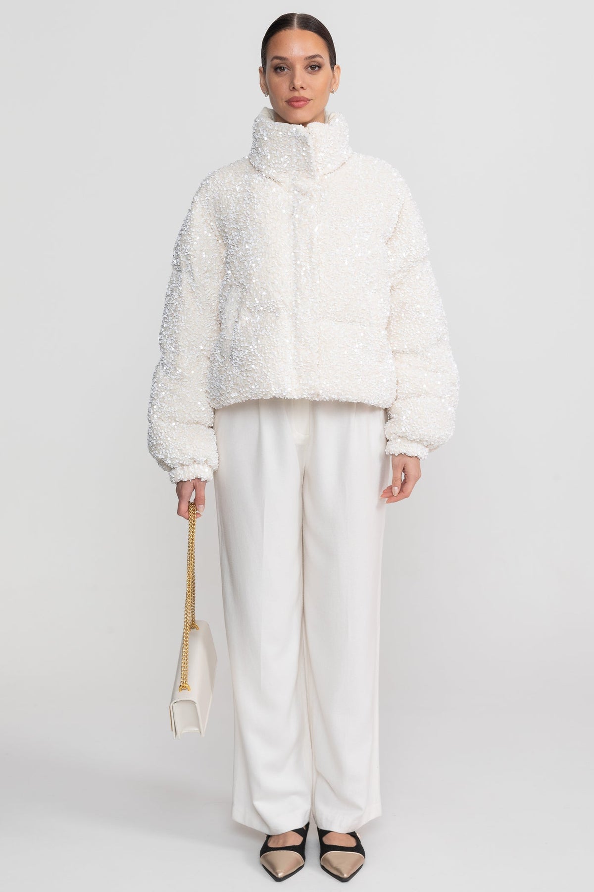 Cropped Sequin Puffer Jacket with High Stand Collar – White – view 4