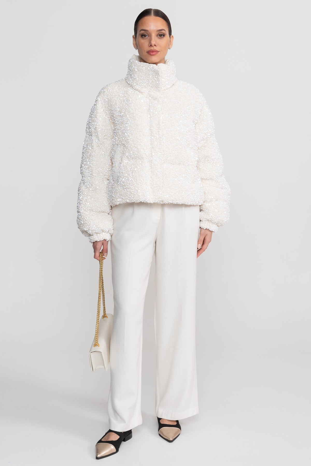 Cropped Sequin Puffer Jacket with High Stand Collar – White – view 3