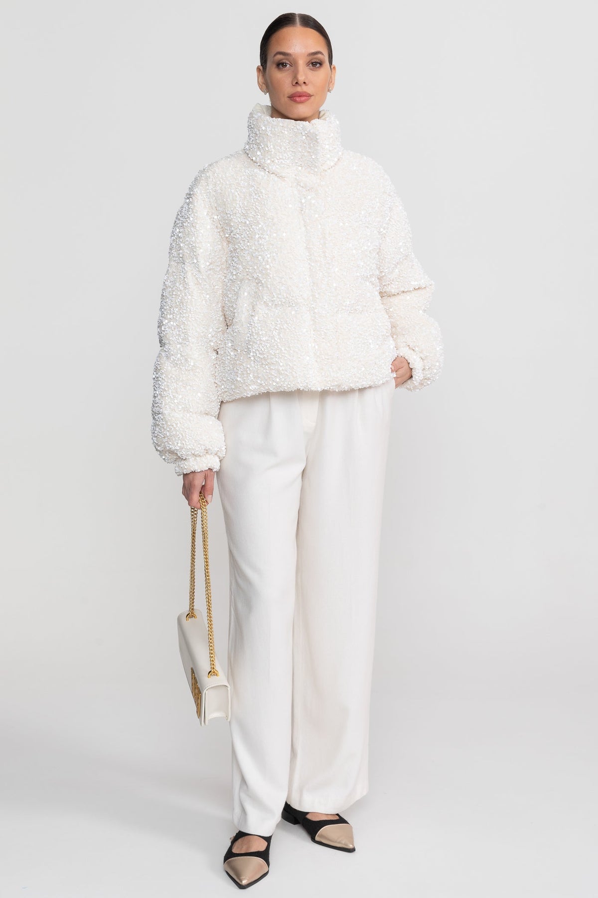 Cropped Sequin Puffer Jacket with High Stand Collar – White – view 5