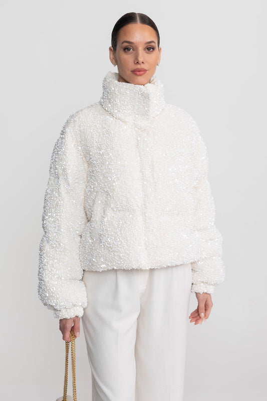 Cropped Sequin Puffer Jacket with High Stand Collar – White
