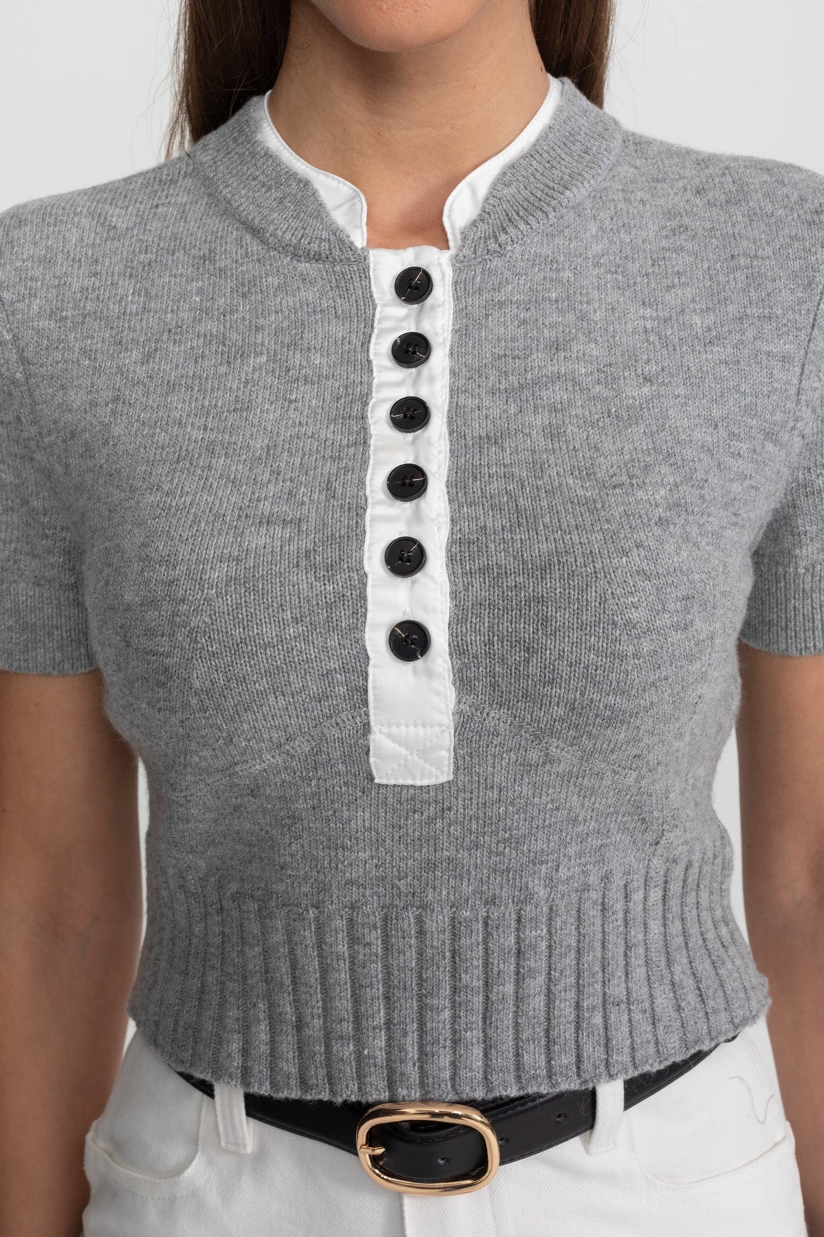 Short Sleeve Knit Top and Midi Skirt Co-ord with Shirt Insert – Grey – view 5