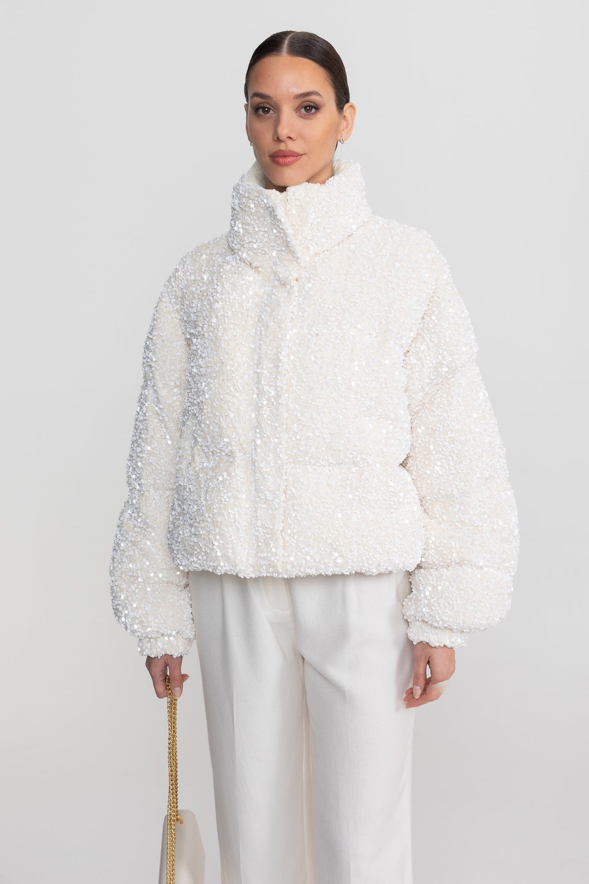 Cropped Sequin Puffer Jacket with High Stand Collar – White – view 6