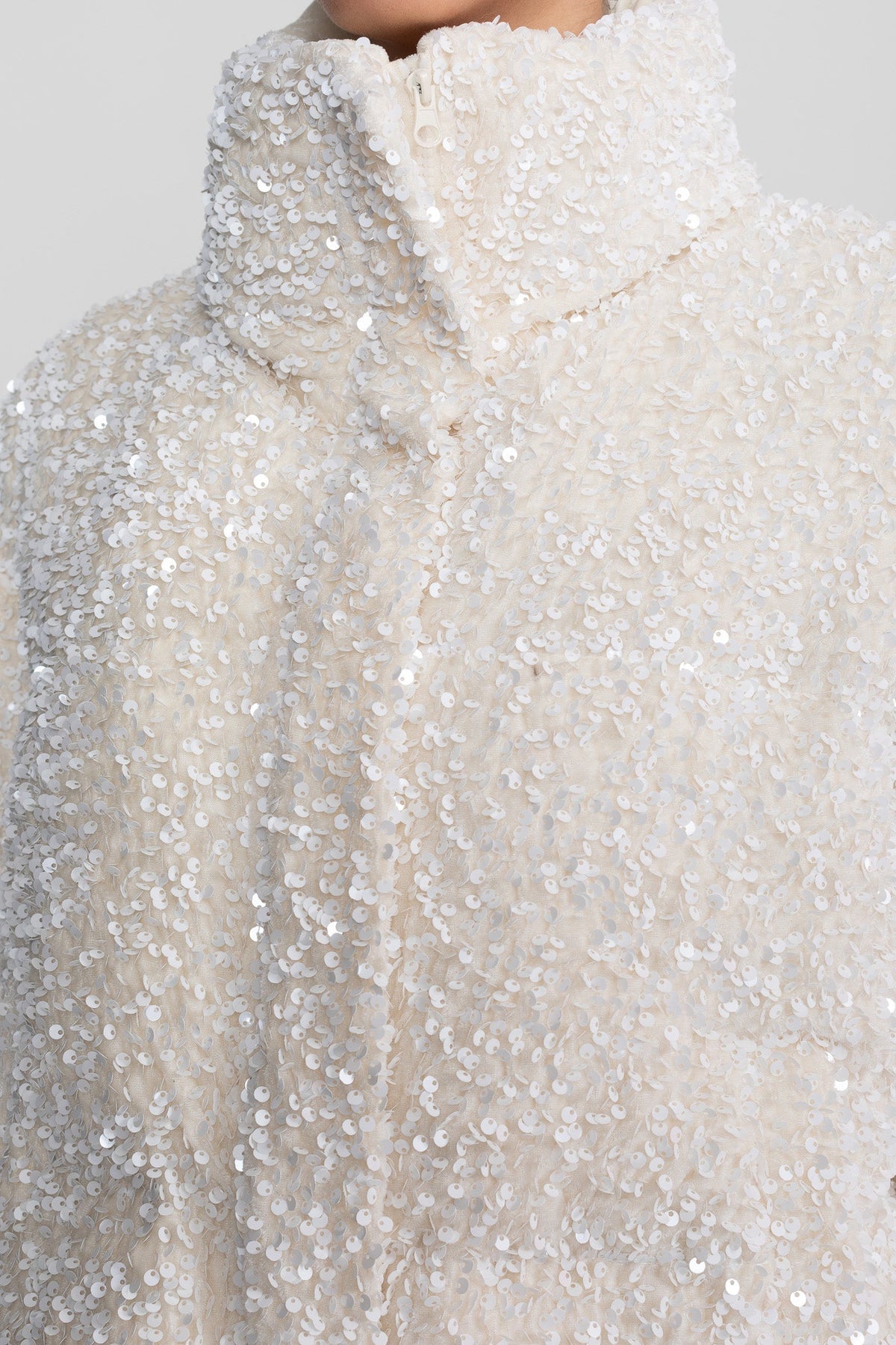 Cropped Sequin Puffer Jacket with High Stand Collar – White – view 10