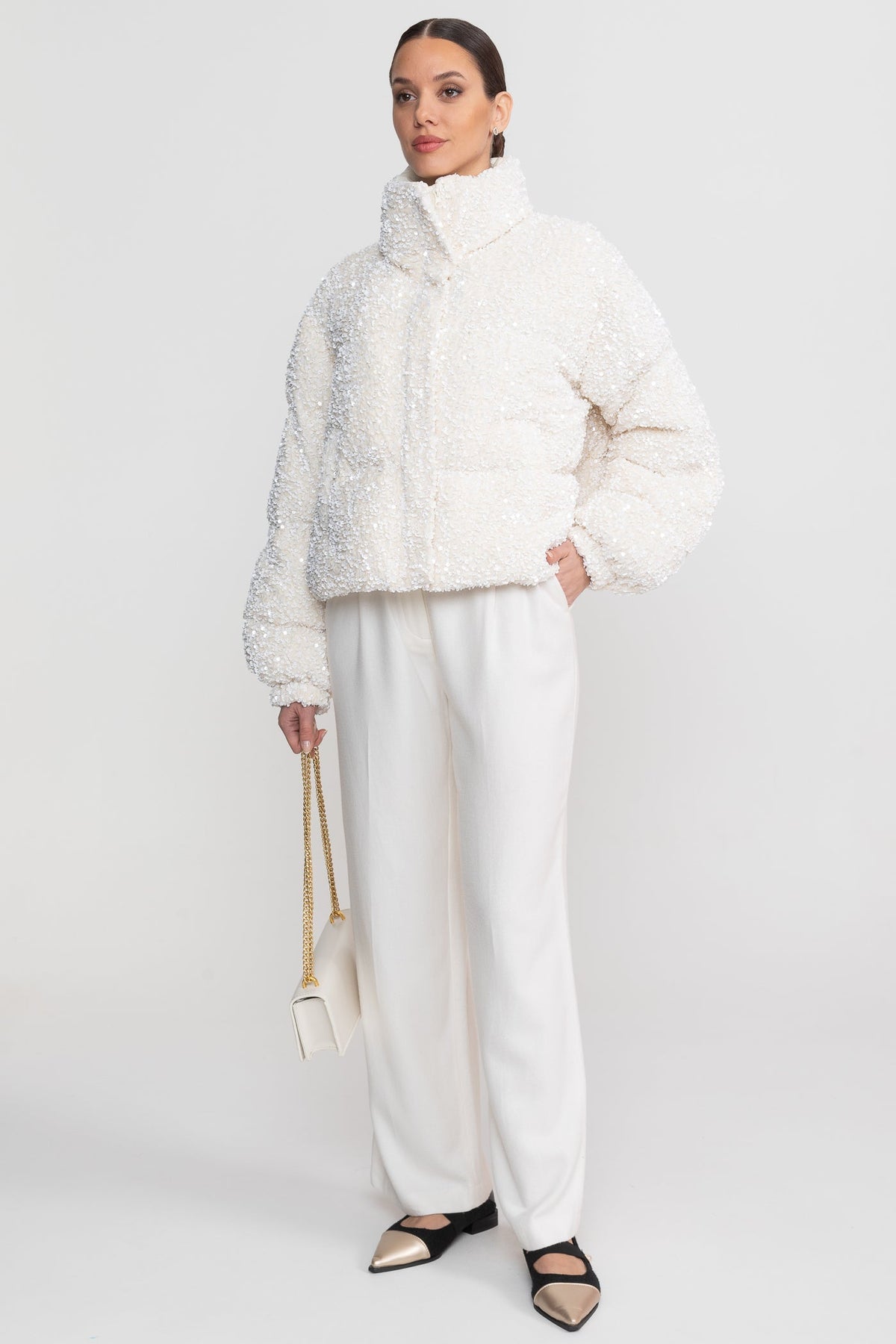 Cropped Sequin Puffer Jacket with High Stand Collar – White – view 7