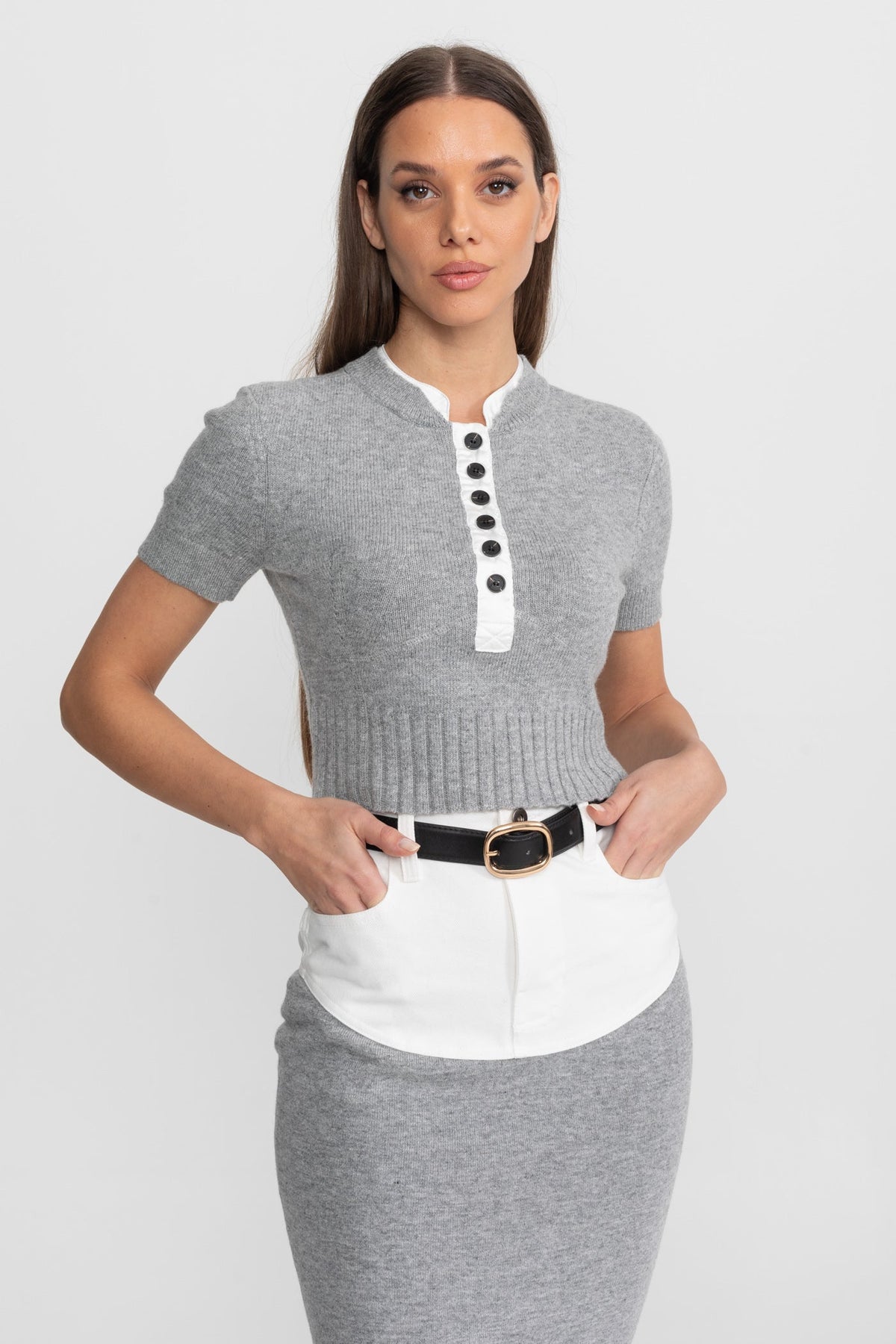 Short Sleeve Knit Top and Midi Skirt Co-ord with Shirt Insert – Grey – view 3