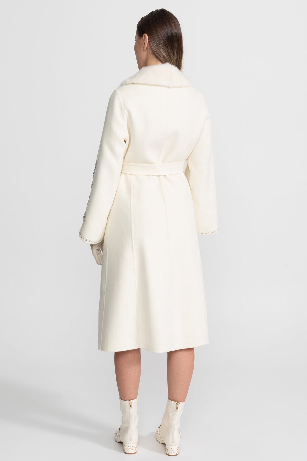 Crystal Embellished Wool Cashmere Wrap Coat – Ivory