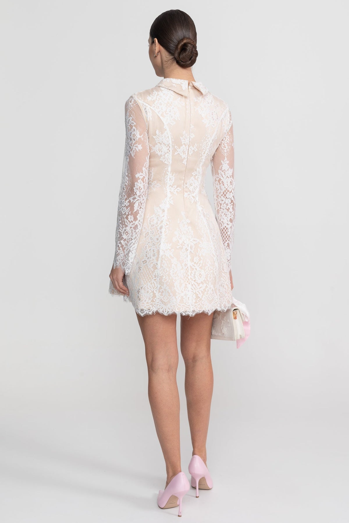 Long Sleeve Lace Collared Mini Dress with Sheer Overlay – Ivory – view 7