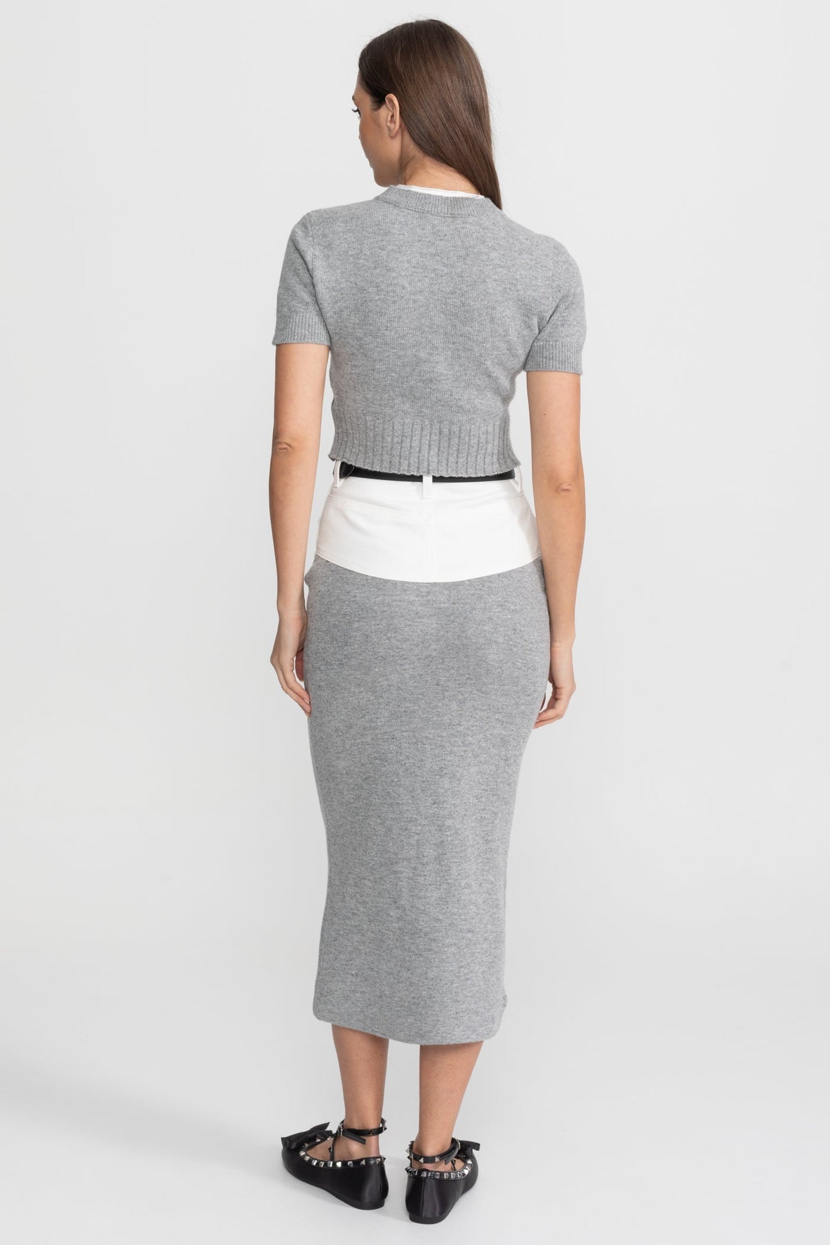 Short Sleeve Knit Top and Midi Skirt Co-ord with Shirt Insert – Grey – view 8