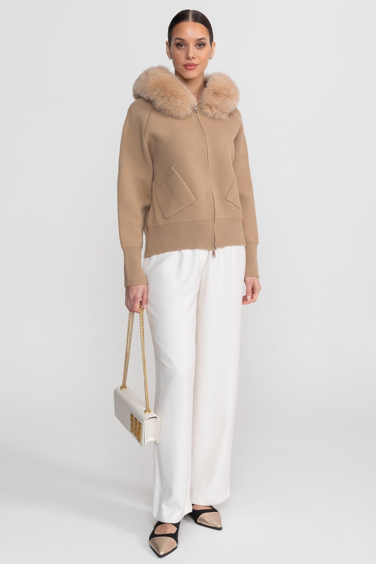 Zip-Up Wool Blend Knit Hoodie – Brown – view 3