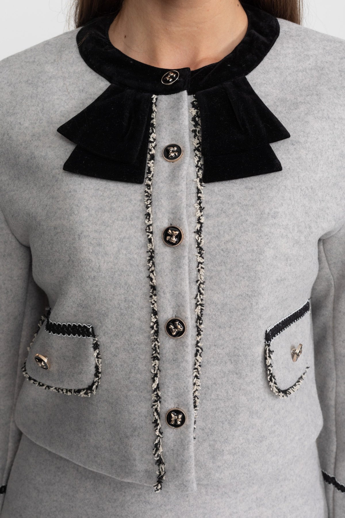 Cropped Jacket and Mini Skirt Co-ord Set with Velvet Bow Collar – Grey – view 5