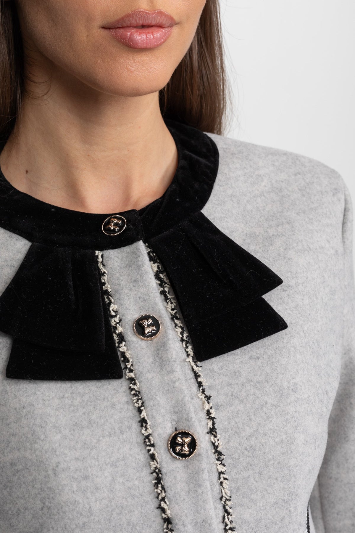 Cropped Jacket and Mini Skirt Co-ord Set with Velvet Bow Collar – Grey – view 6