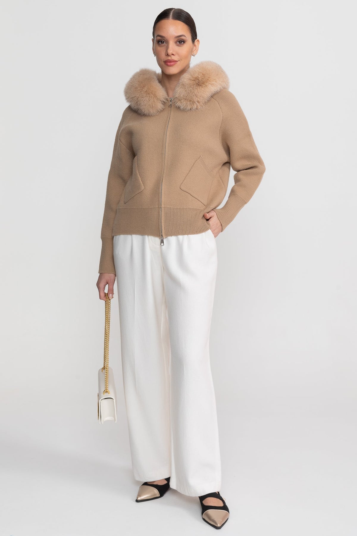 Zip-Up Wool Blend Knit Hoodie – Brown – view 4