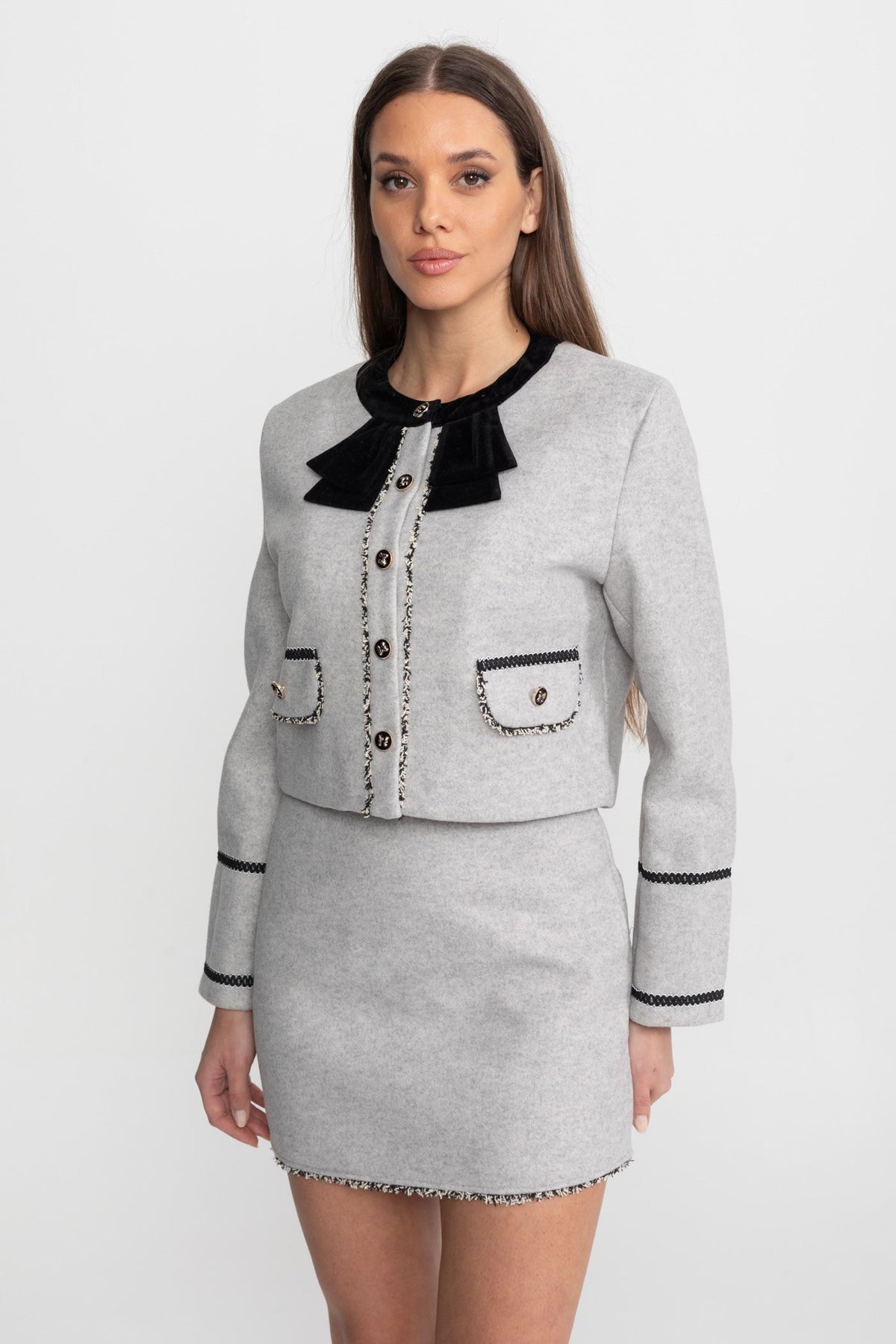 Cropped Jacket and Mini Skirt Co-ord Set with Velvet Bow Collar – Grey – view 4