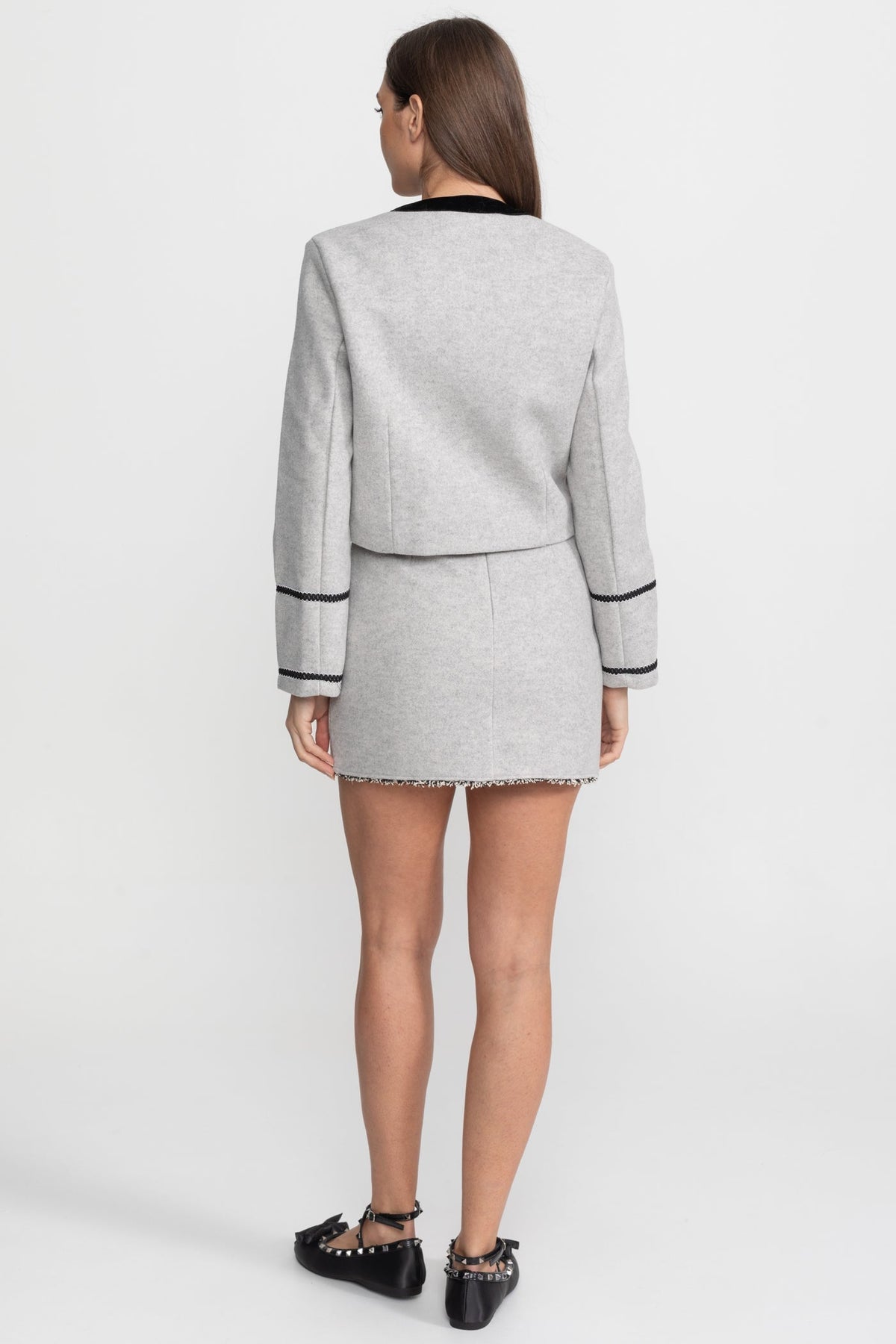 Cropped Jacket and Mini Skirt Co-ord Set with Velvet Bow Collar – Grey – view 9