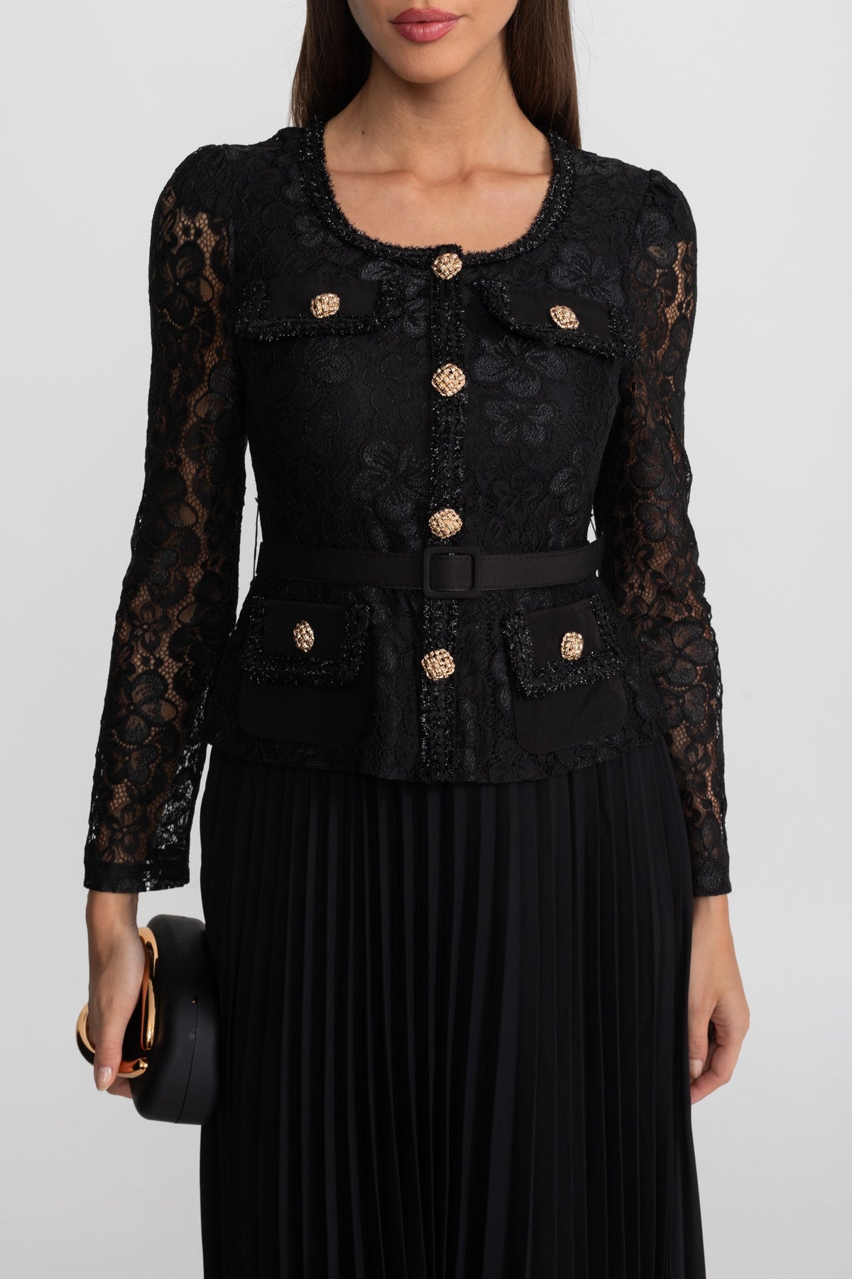 Lace Bodice Pleated Chiffon Midi Dress with Gold Buttons – Black – view 5
