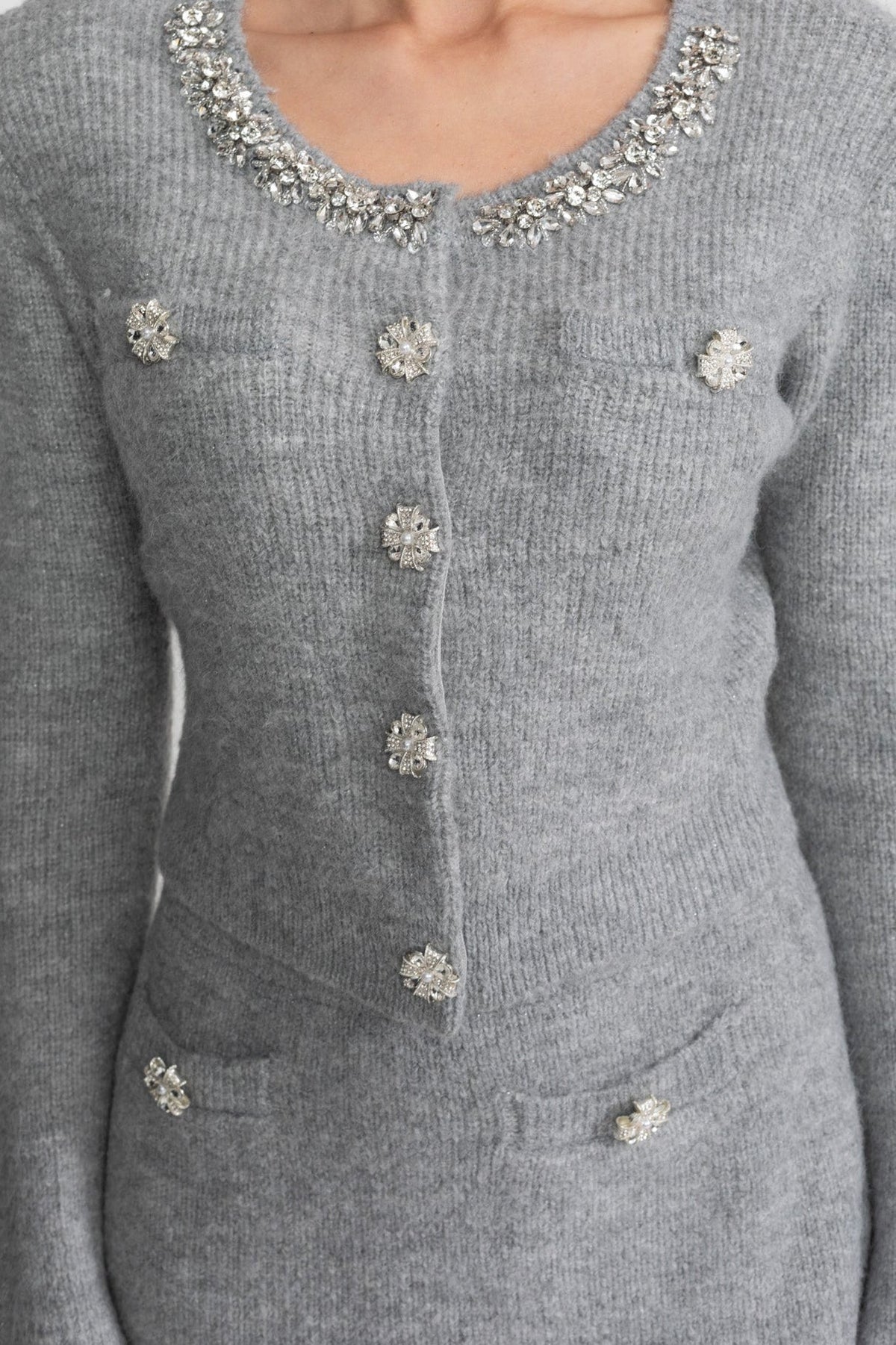 Embellished Knit Cardigan and Mini Skirt Co-ord Set with Crystal Buttons – Grey – view 4