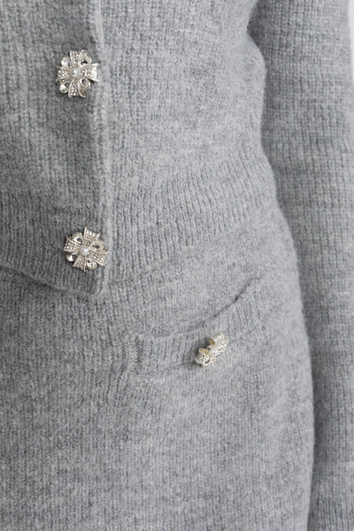 Embellished Knit Cardigan and Mini Skirt Co-ord Set with Crystal Buttons – Grey – view 5