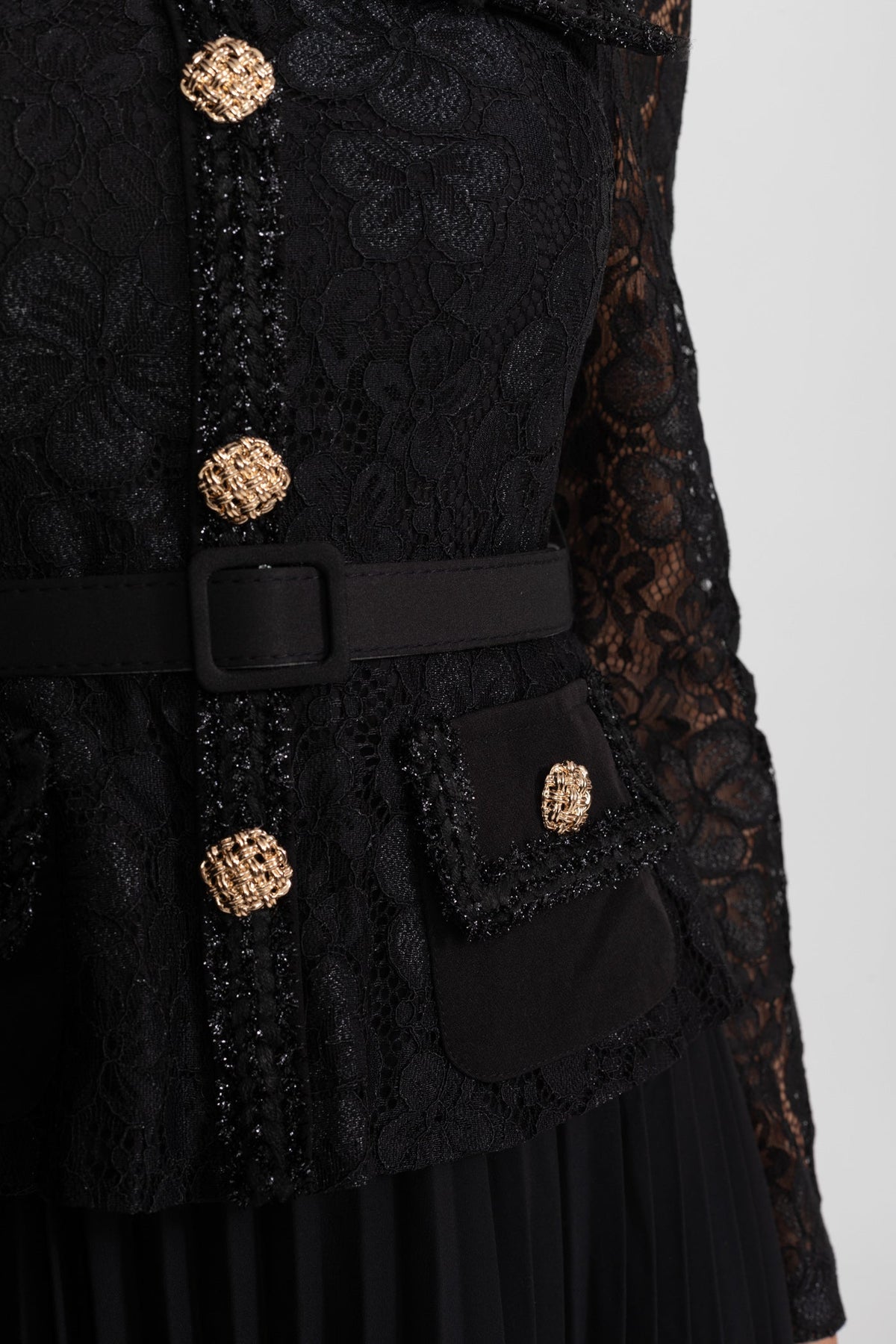 Lace Bodice Pleated Chiffon Midi Dress with Gold Buttons – Black – view 6