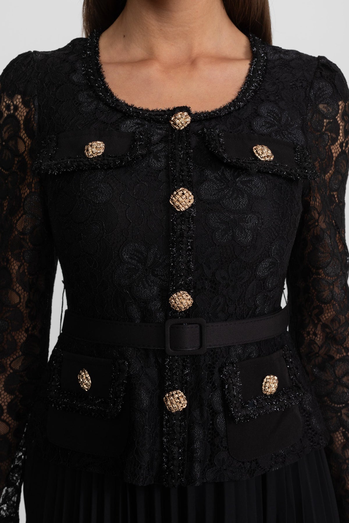 Lace Bodice Pleated Chiffon Midi Dress with Gold Buttons – Black – view 7