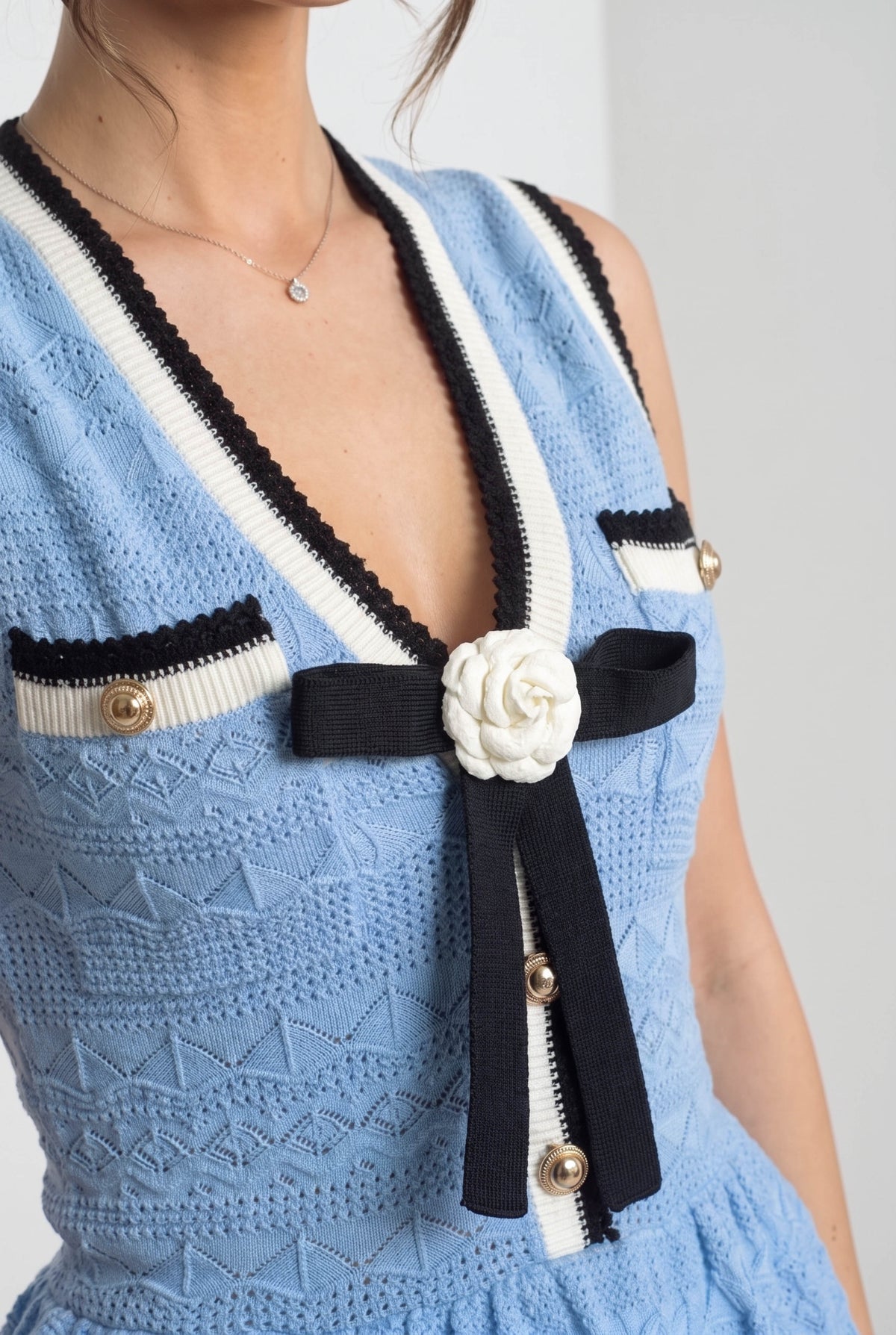 Sleeveless Knit Peplum Mini Dress with Contrast Trim and Bow – Light Blue – view 4