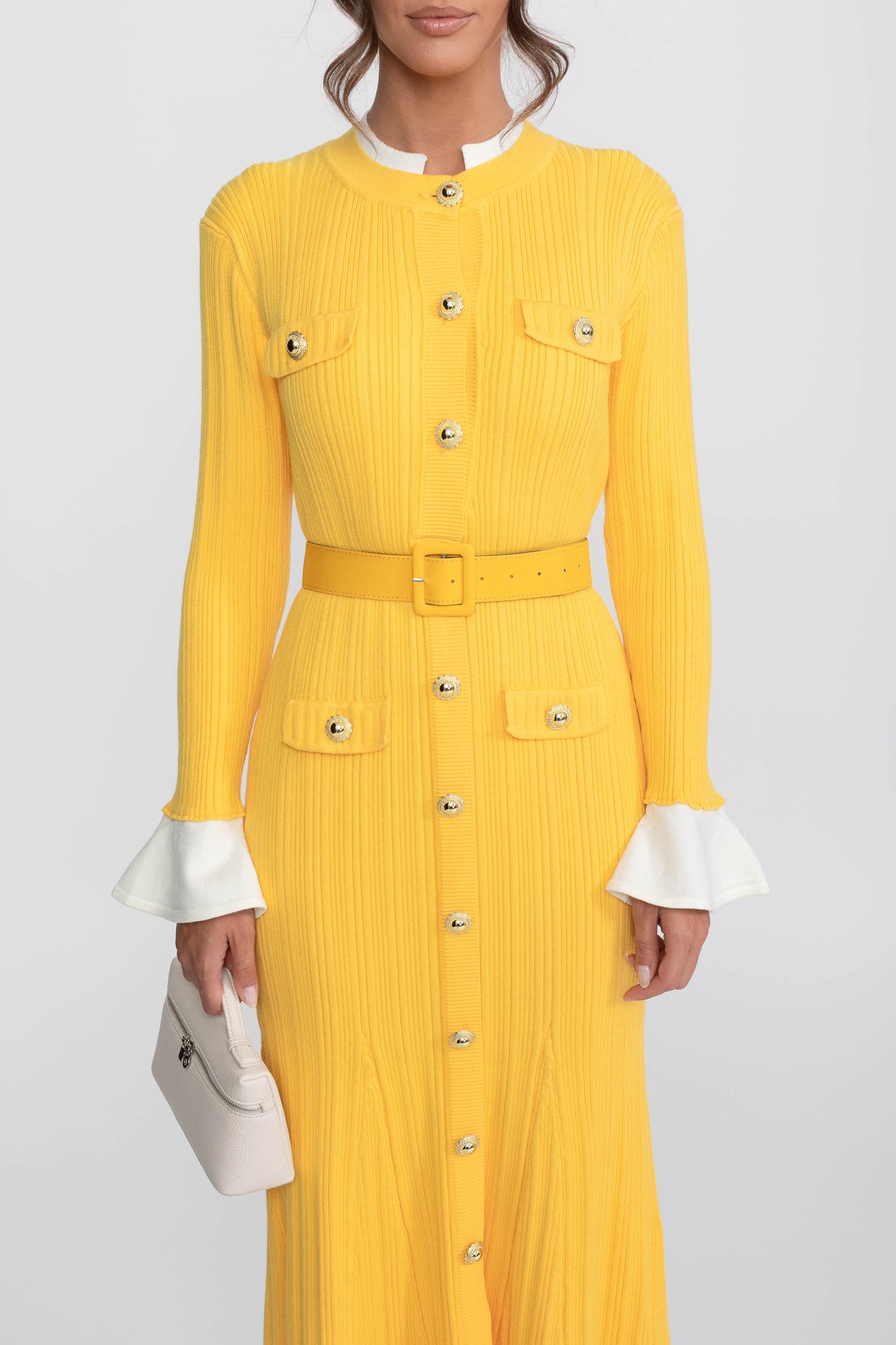 Fine Rib Knit Belted Midi Dress with Ivory Collar and Flared Cuffs – Yellow – view 6