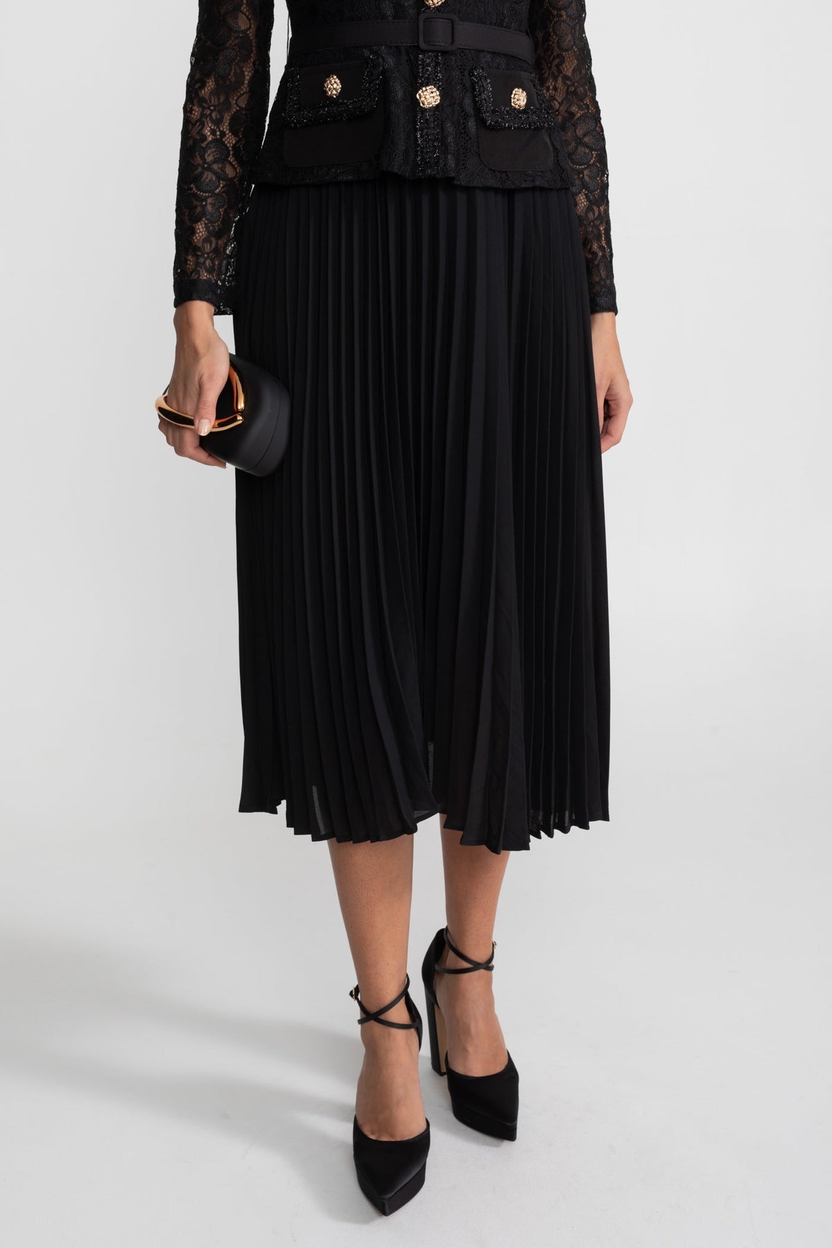 Lace Bodice Pleated Chiffon Midi Dress with Gold Buttons – Black – view 8