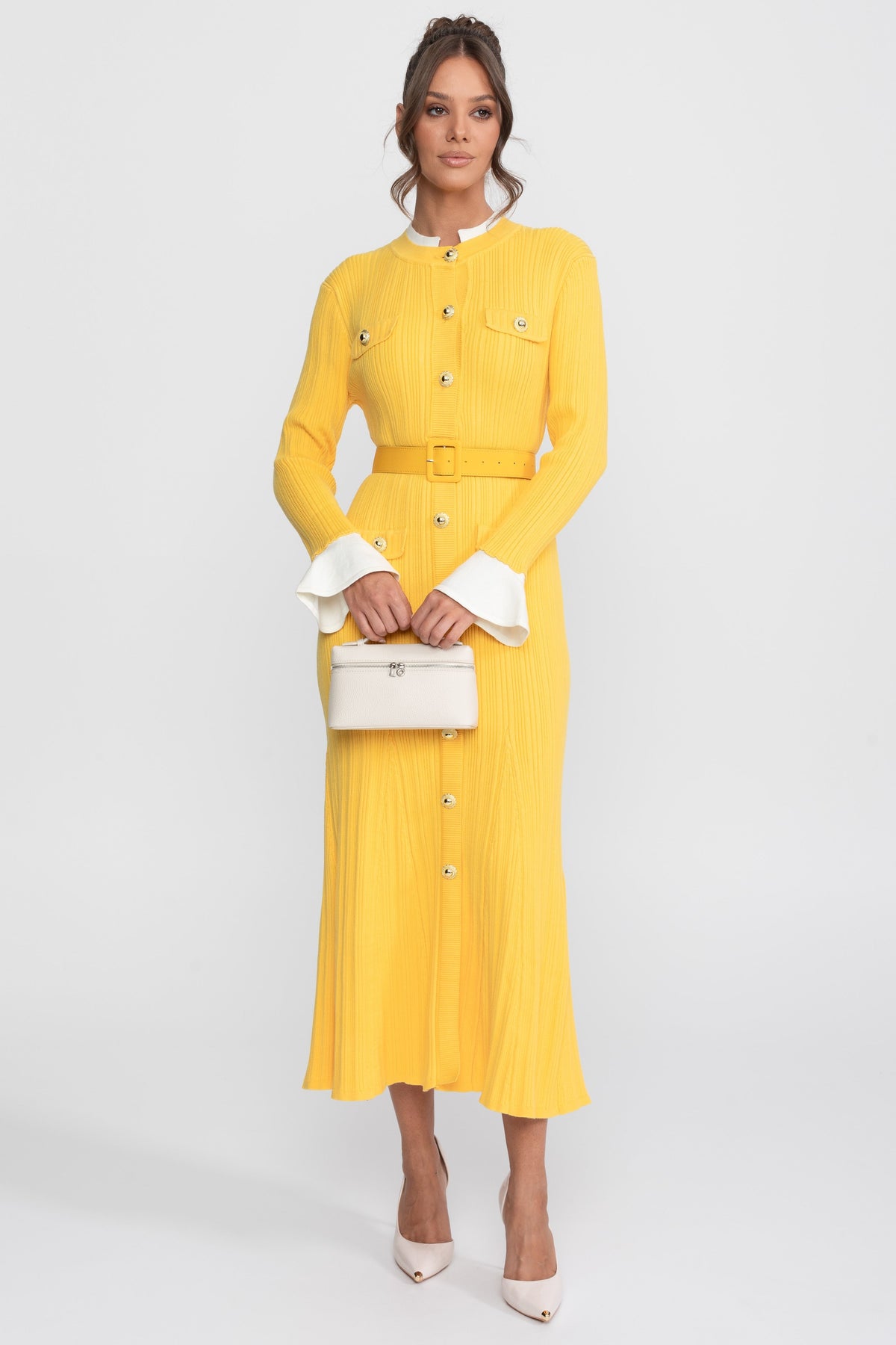 Fine Rib Knit Belted Midi Dress with Ivory Collar and Flared Cuffs – Yellow – view 3