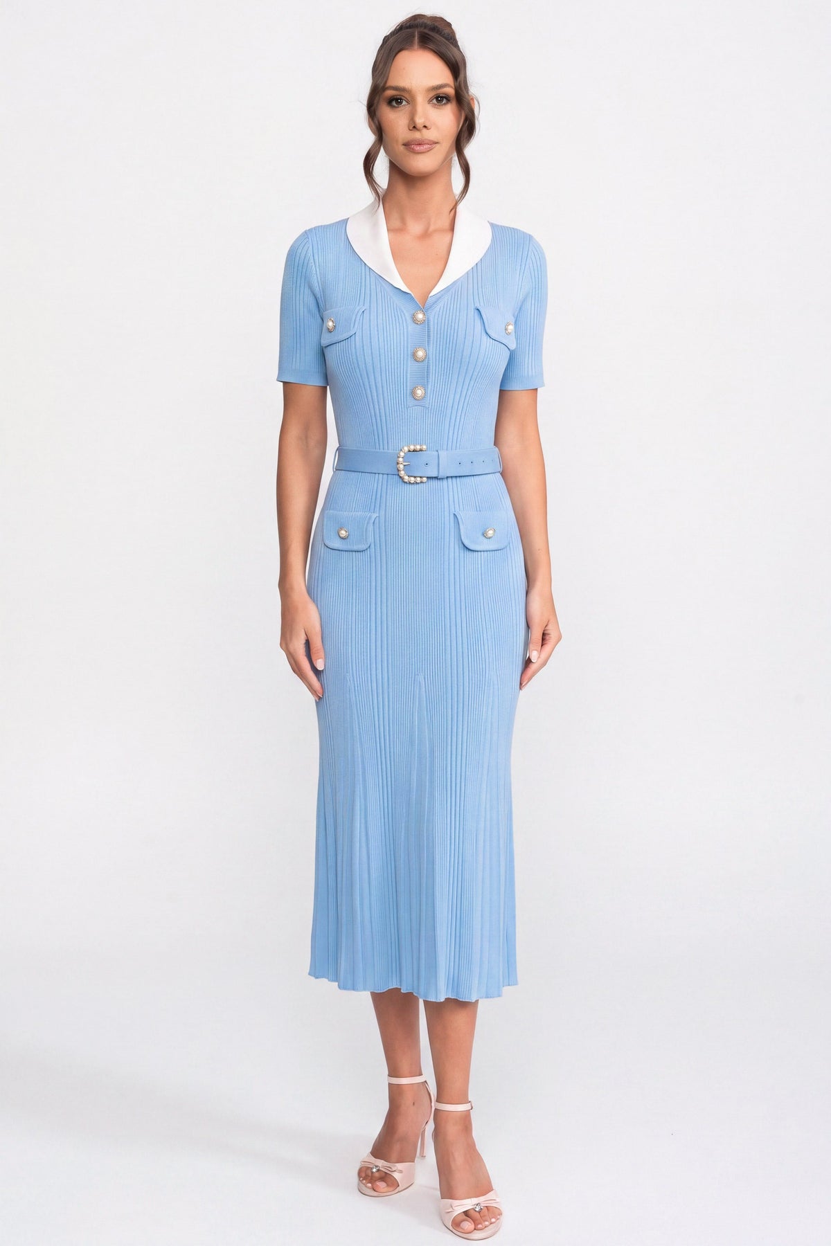 Ribbed Knit Midi Dress with White Shawl Collar and Pearl Belt – Light Blue
