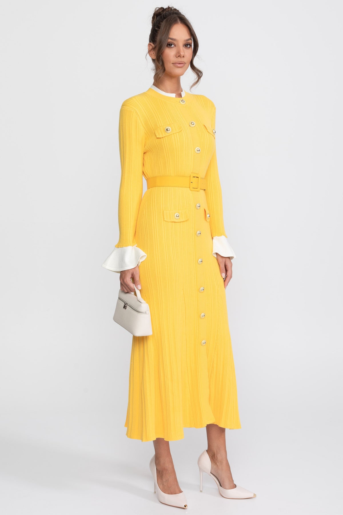 Fine Rib Knit Belted Midi Dress with Ivory Collar and Flared Cuffs – Yellow – view 2
