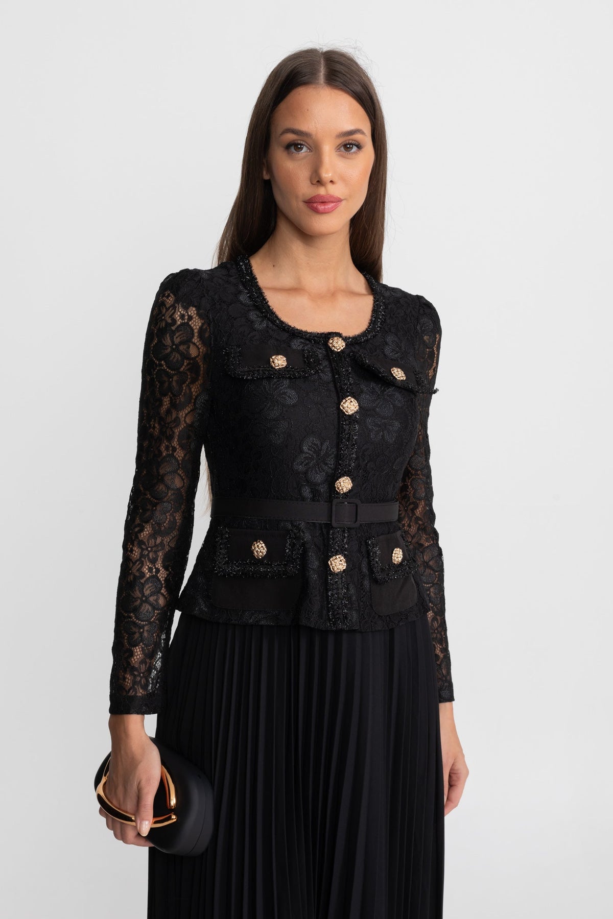 Lace Bodice Pleated Chiffon Midi Dress with Gold Buttons – Black – view 4