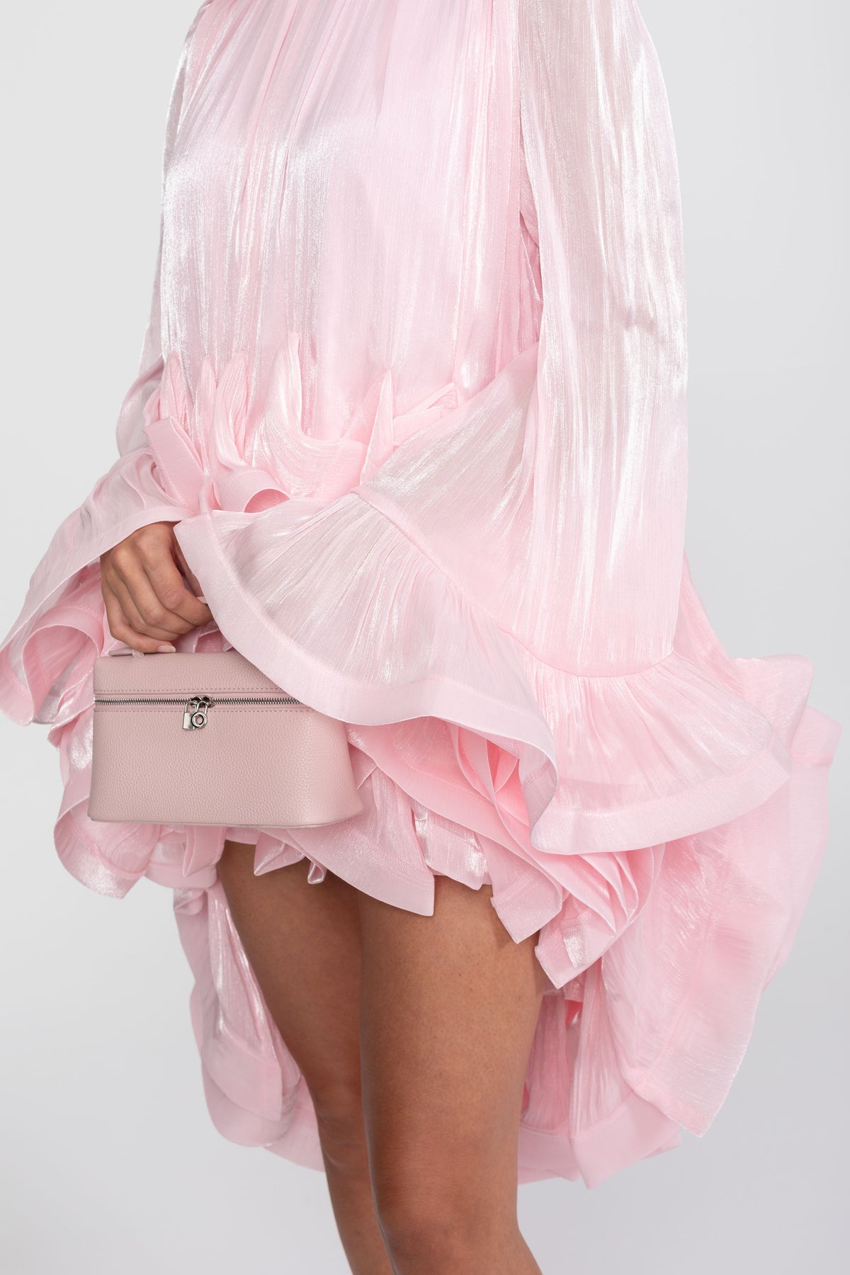 Asymmetric Ruffle Hem Satin-Finish Mini Dress with Flared Sleeves – Pink
