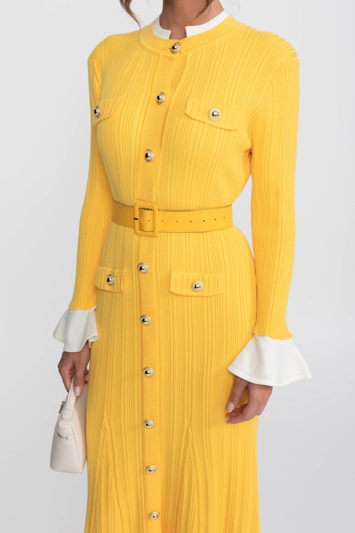 Fine Rib Knit Belted Midi Dress with Ivory Collar and Flared Cuffs – Yellow – view 7