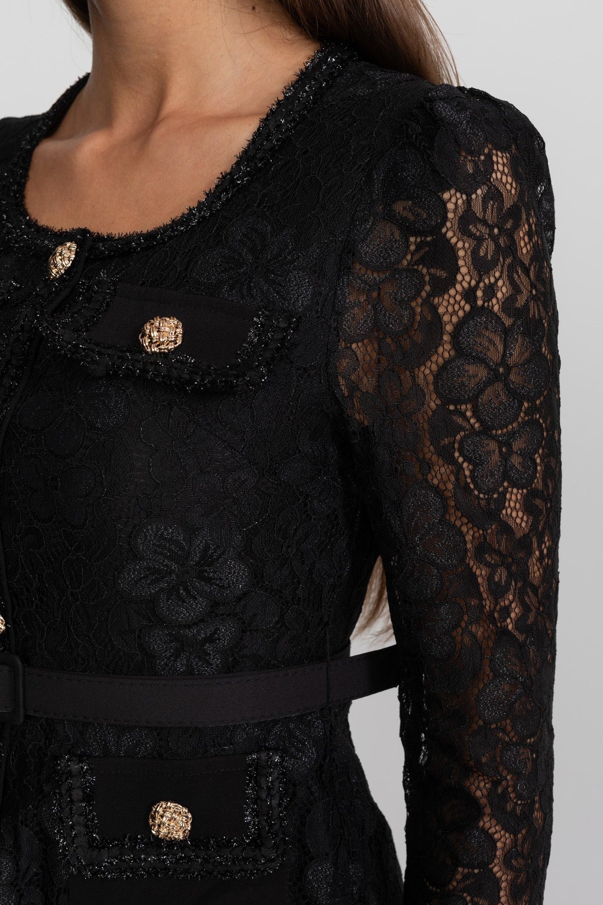 Lace Bodice Pleated Chiffon Midi Dress with Gold Buttons – Black – view 9