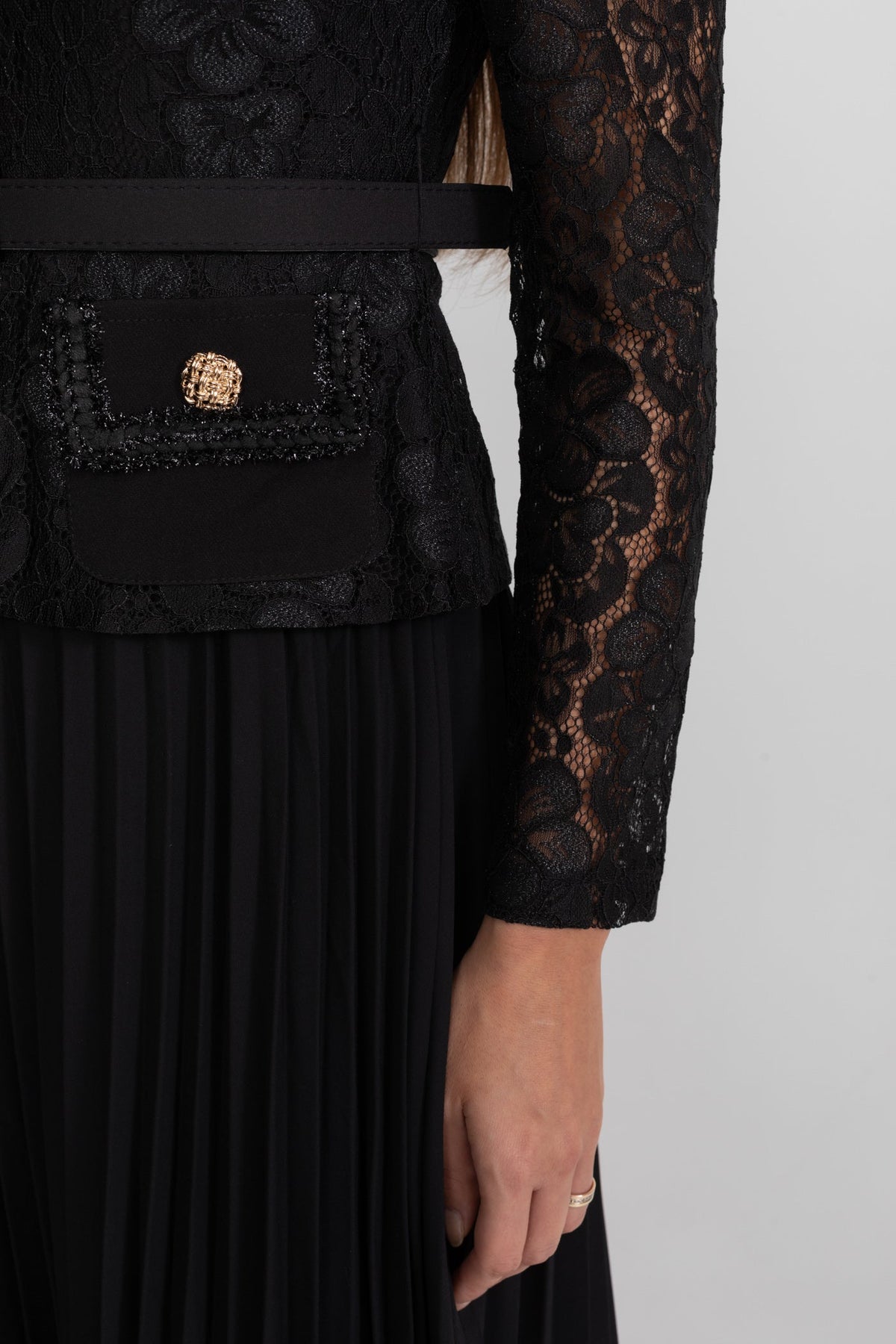 Lace Bodice Pleated Chiffon Midi Dress with Gold Buttons – Black – view 10